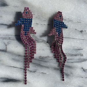 Vintage 80s Bauer Koi clip earrings in pink & blue rhinestones with dangle tail